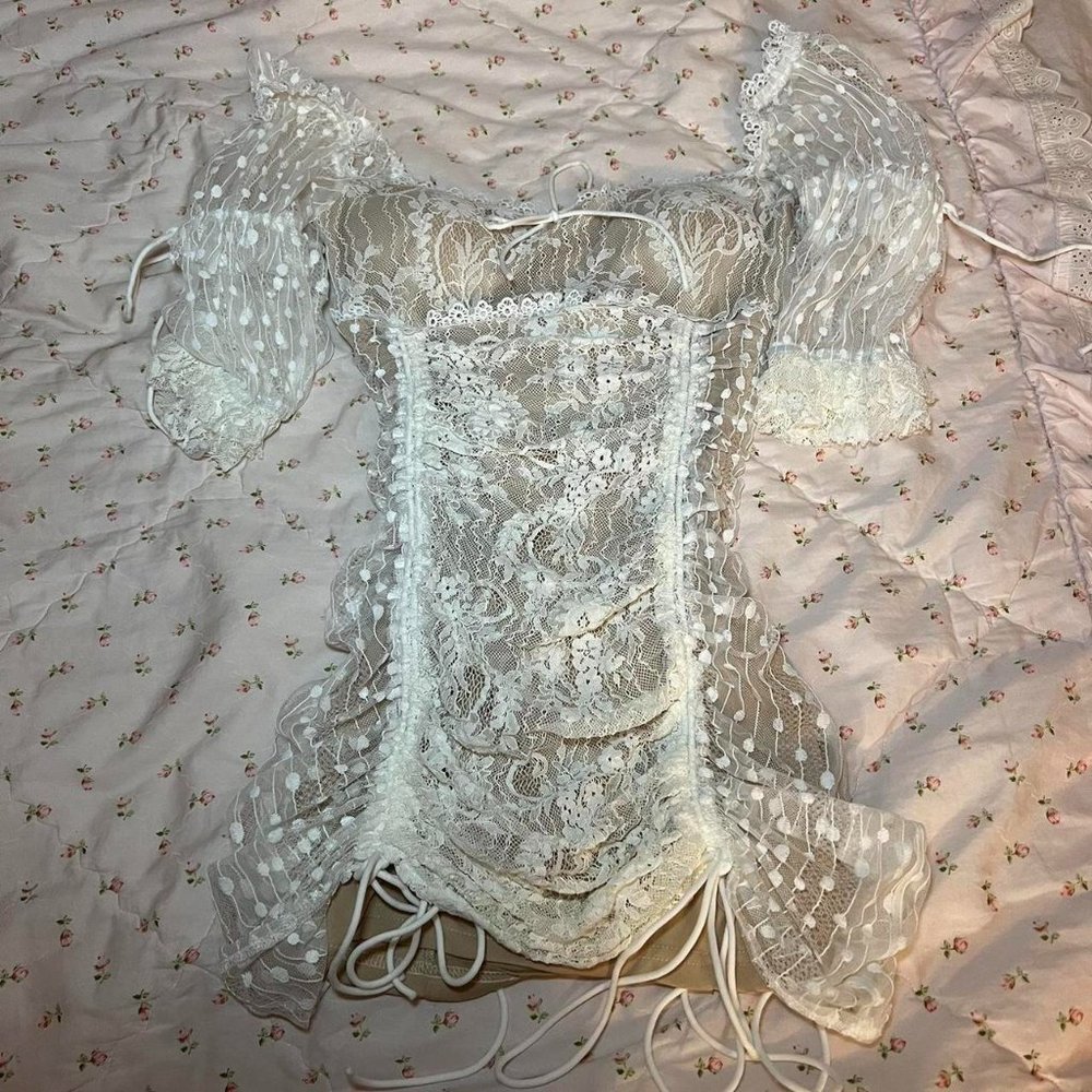 Fashionnova white lace angel baby puff sleeve corset dress